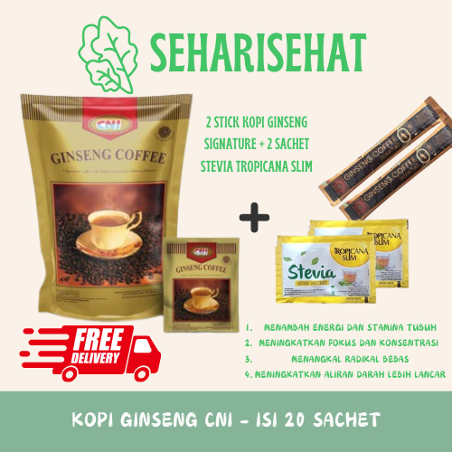 

[PAKET NGOPI] Kopi Ginseng CNI Original isi 20 Sachet FREE 2 Sachet ginseng & 2 sachet stevia