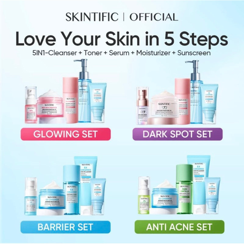 SKINTIFIC-5pcs Paket-Skincare Set | Serum Mosturaizer Gel Toner Sunscreen Cleanser Mouse Facial Wash