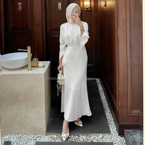Alesha Dress | Gamis Kondangan Elegan | Dress Satin Polos | Gamis Wanita Dewasa Korean Style | Gamis