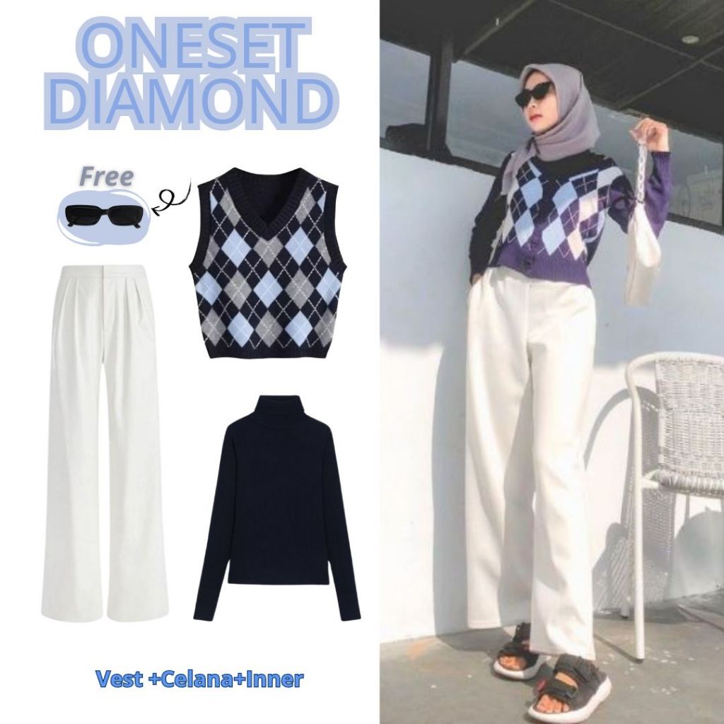 2 in1 Diamond  Setelan Ala Korea (Vest +Celana+Inner) Ootd Kampus Modern