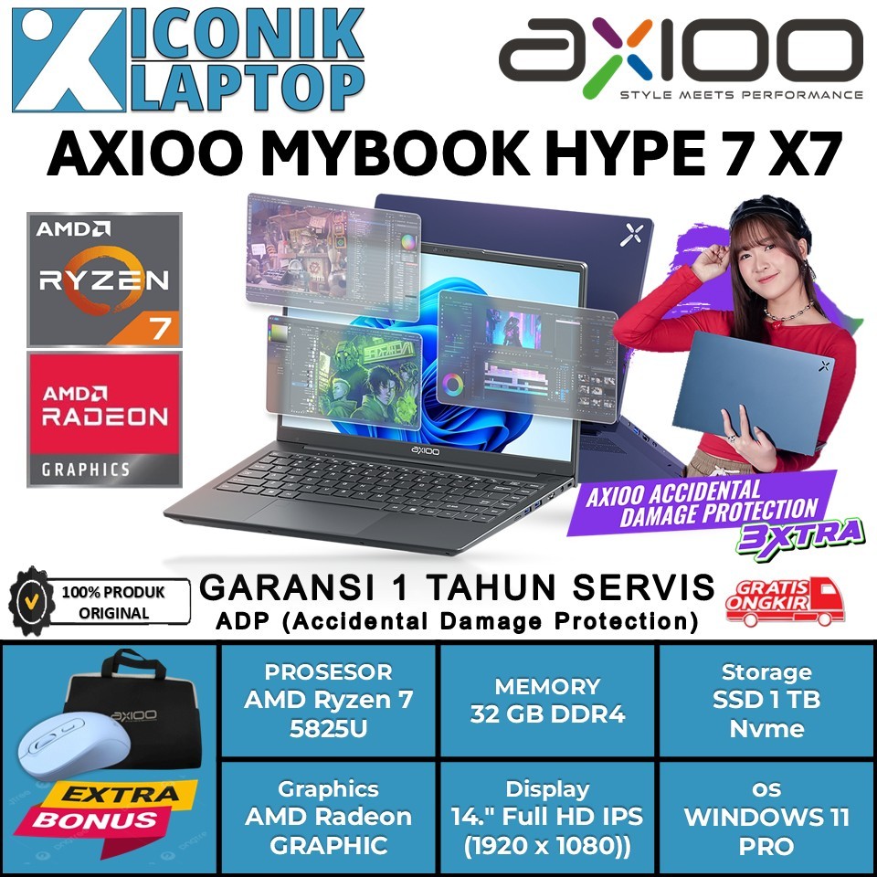 Laptop Gaming Axioo mybook Hype 7 X7 AMD Ryzen 7 5825U Ram 32 GB Ssd 1 TB Garansi Resmi Axioo + ADP