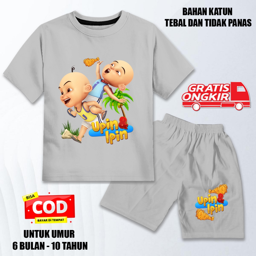 Setelan lengan pendek anak laki laki perempuan set baju kaos pendek anak katun upin ipin ayam goreng
