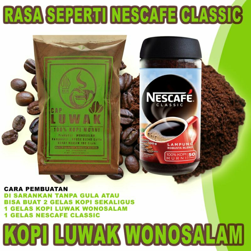 

Nescafe Classic Kopi Luwak Wonosalam - 100% Kopi Bubuk Murni - 100 Gram - Rasa seperti Nescafe Classic