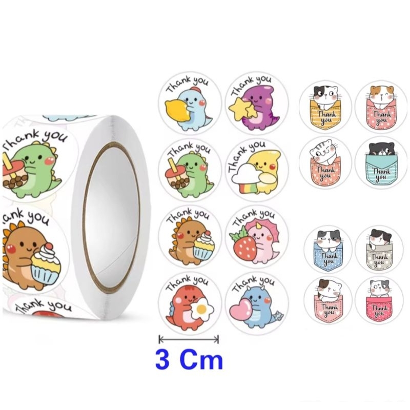 

100 Pcs/ 300 Pcs - Stiker Thank You Motif Cute Dinosaurus & Cat