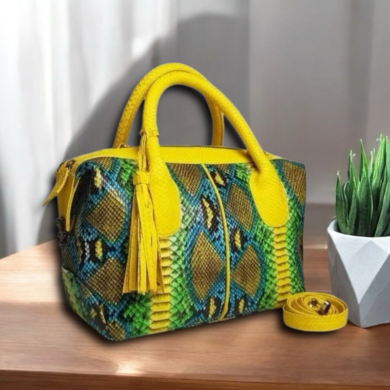 Tas Kulit Ular Piton Asli Wanita Tas Natalie Kulit Asli Original Kuning Motif