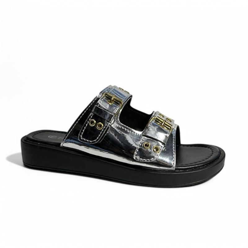 Finetic Sandal Wanita Kekinian Glossy Silver Sendal Selop Cewek