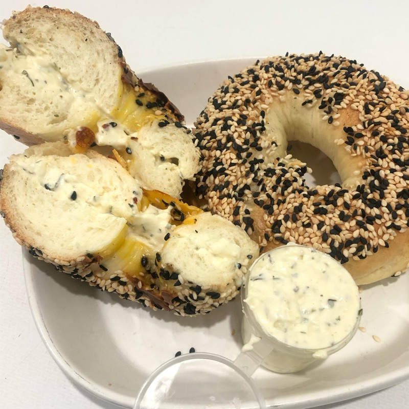 

Sesame bagel with cream cheese spread