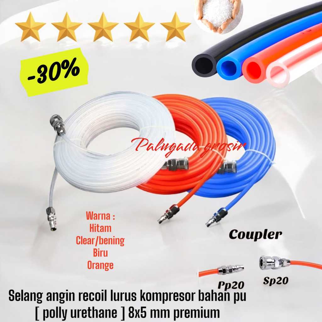 Selang angin PU 10 meter, set dengan sambungan coupler, selang kompresor, selang spet