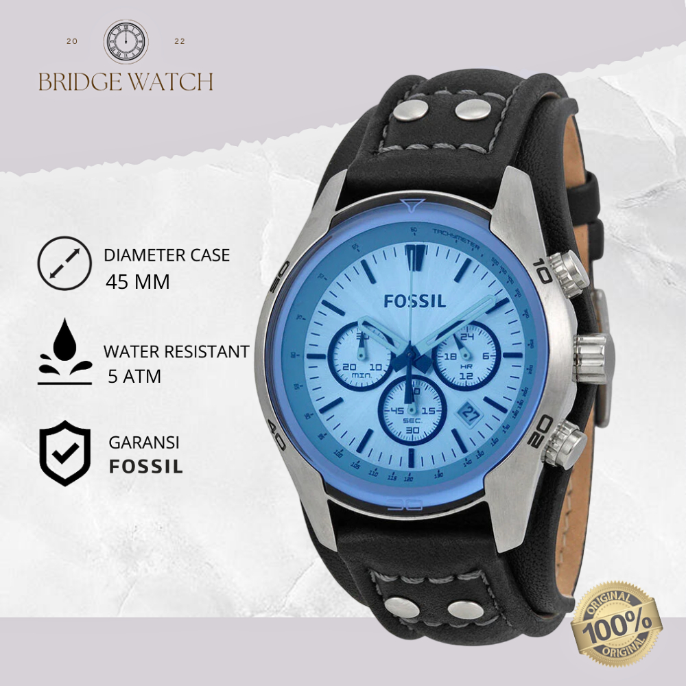 Jam Tangan Pria Fossil Coachman Chronograph Analog Leather Strap Kulit Cowok Blue Dial Black Strap L