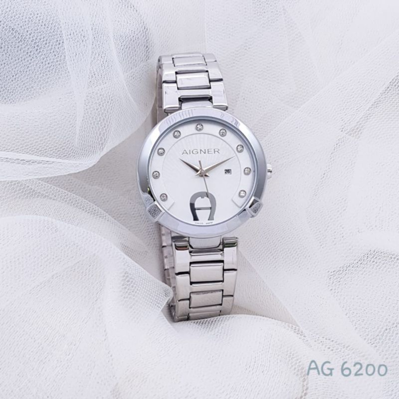 GROSIR TERMURAH...Jam Tangan Wanita New AIGNER 6200 Tanggal Aktif Rantai Stainless Steel Grade Super