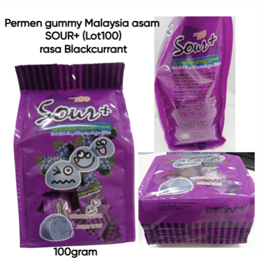 

Permen gummy Malaysia asam SOUR+ Lot100 100gram rasa Blackcurrant permen asam asem jelly manis asem