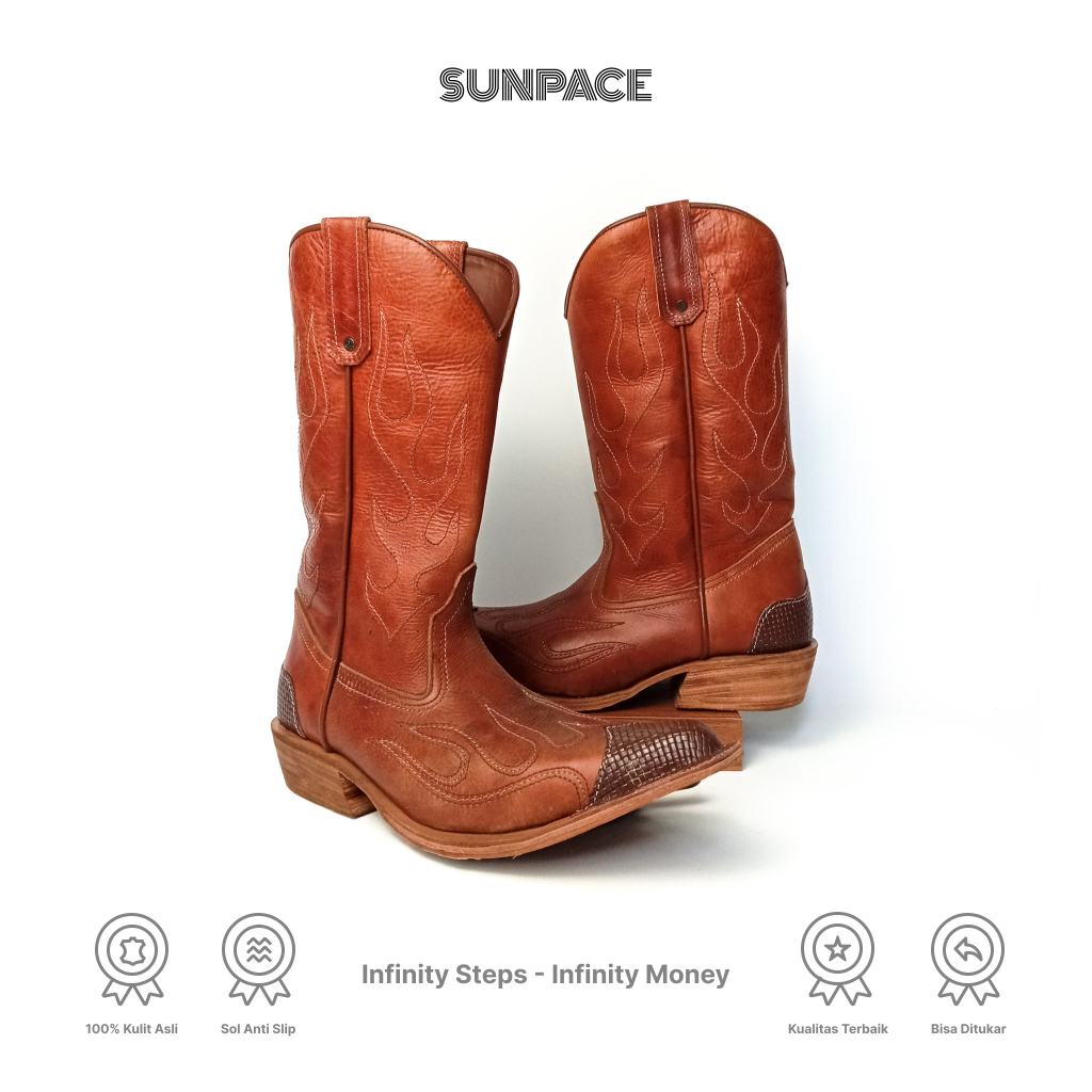 SUNPACE - Sepatu Boots Cowboy Pria Western Knight Retro Heel Full Kulit Asli Size 39 - 40 For Bikers