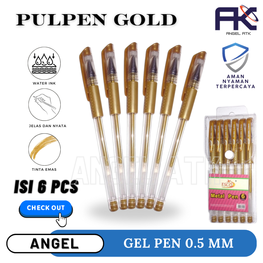 

Paket Promo Pulpen Emas / Isi 6 Pcs / Pena Esco 0.8 Mm / Metal Pen / Untuk Alat Tulis Sekolah dan Kantor / Murah Meriah / Bayar di Rumah / Atk Blessing