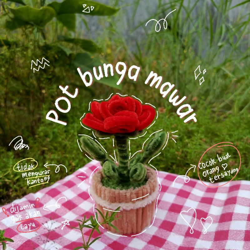 Pot Bunga Mawar // Pot Bunga Kawat Bulu Mawar // Pipe Cleaner Pot Flower // Bunga Pot Mawar // Hiasa