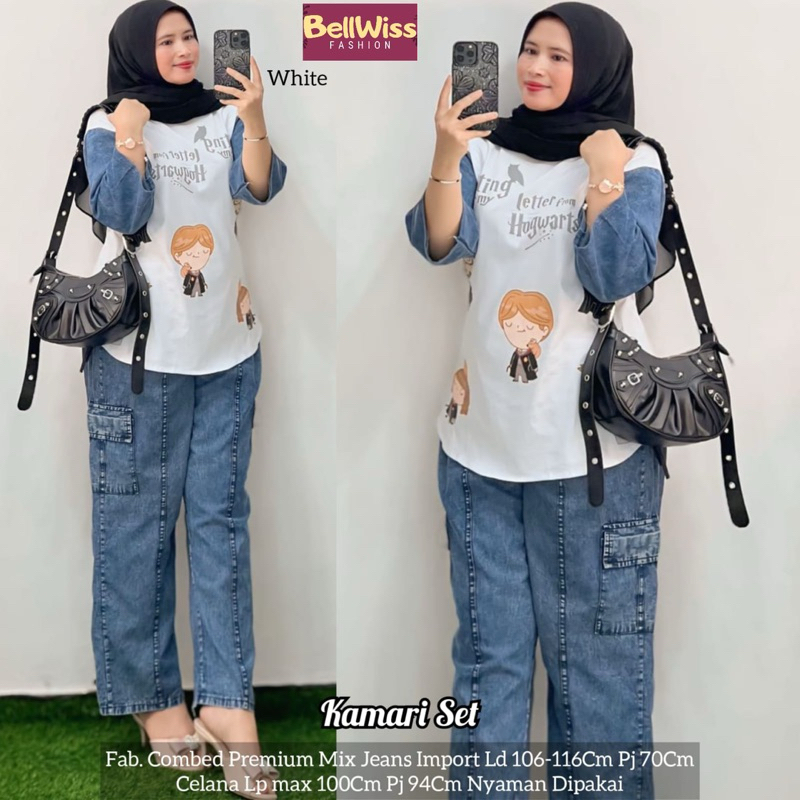 Kamari one set wanita kekinian one set jumbo ld 120 kaos oversize bigsize kaos jeans by belwis tunik