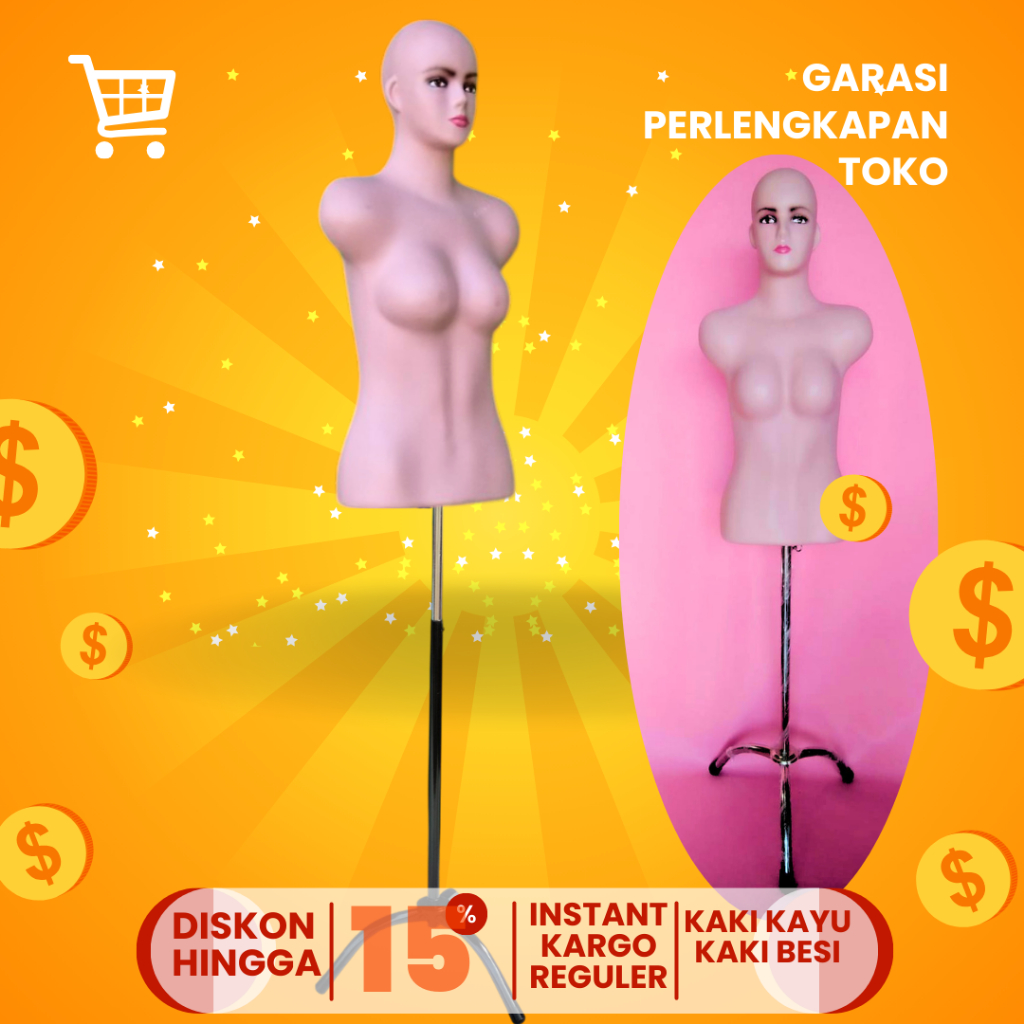 MANEKIN WANITA BODY KEPALA SET TIANG / PATUNG BAJU DM BOTAK SET TIANG