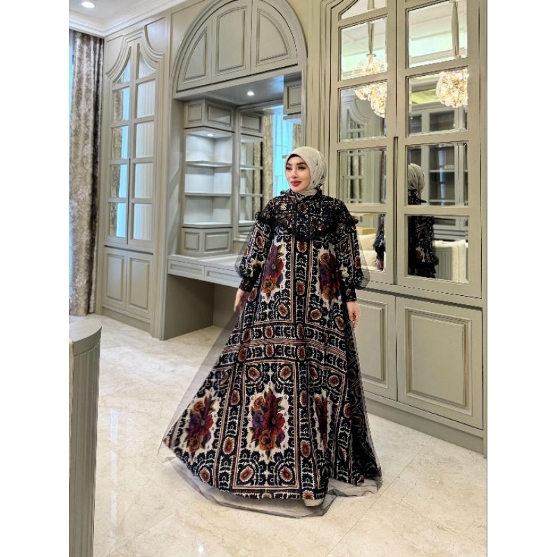 Shellasaukia Dress Set Hijab Etnik Hitam Kombi Tile Premium Baju Lebaran Mewah Terbaru By Shellasauk