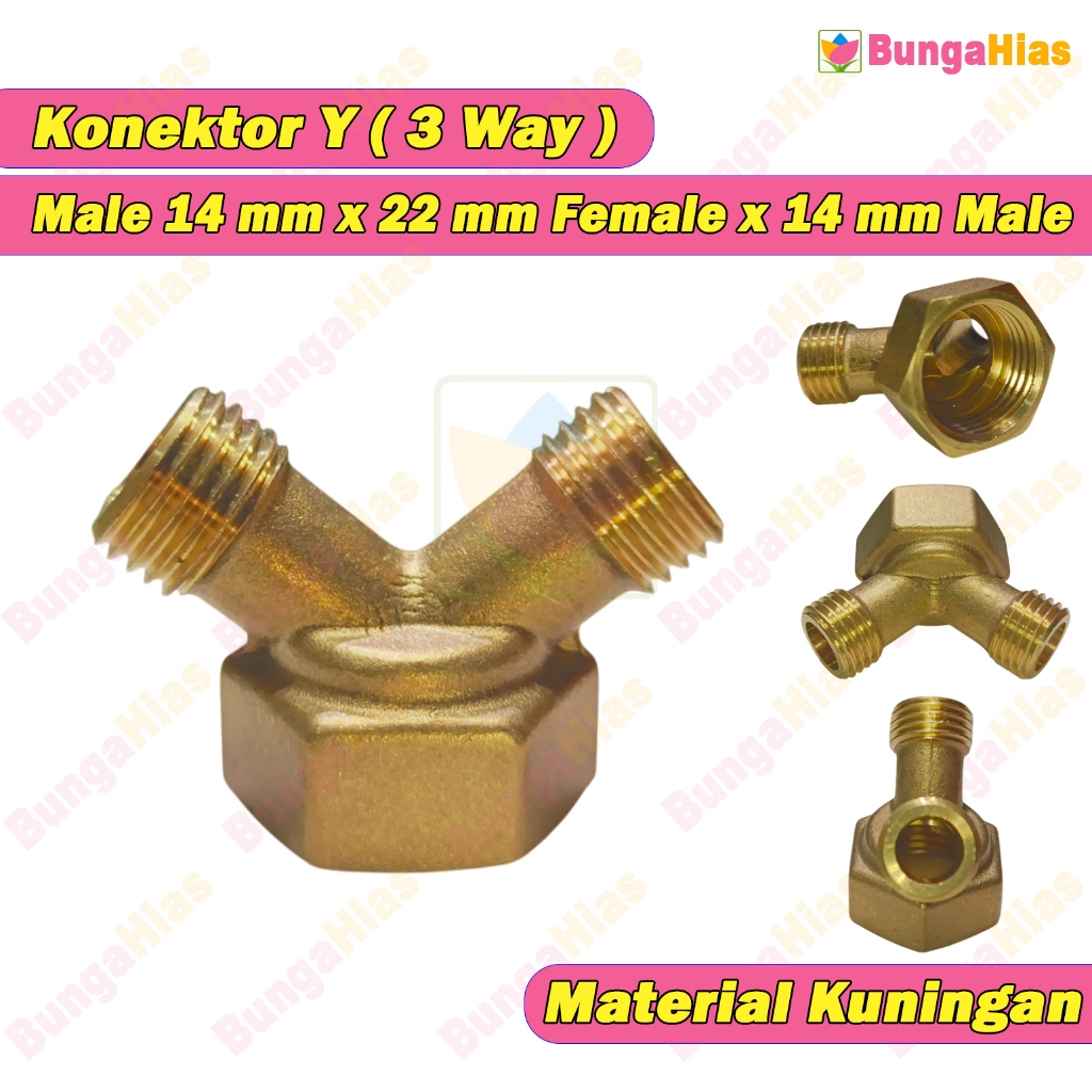 Konektor Y Male 14 mm x 22 mm Female x 14 mm Male Nepel 3 Way Drat Sambungan Sprayer Elektrik Manual