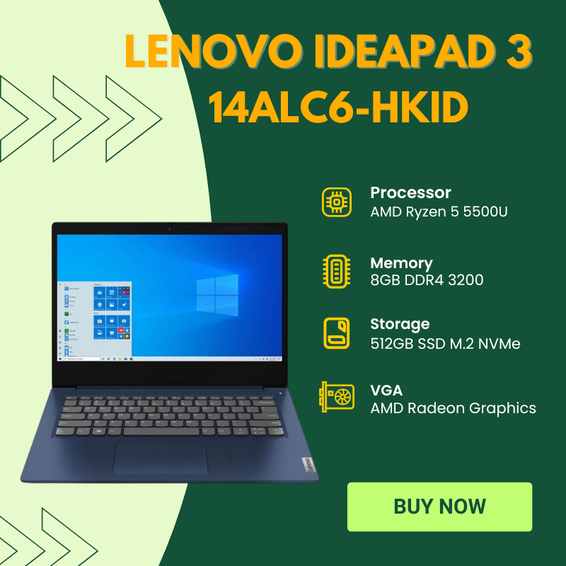 Lenovo Ideapad 3 14ALC6-HKID / AMD Ryzen 5 5500U / RAM 8GB / SSD 512GB / 14" FHD IPS / WIN 11+OHS 20