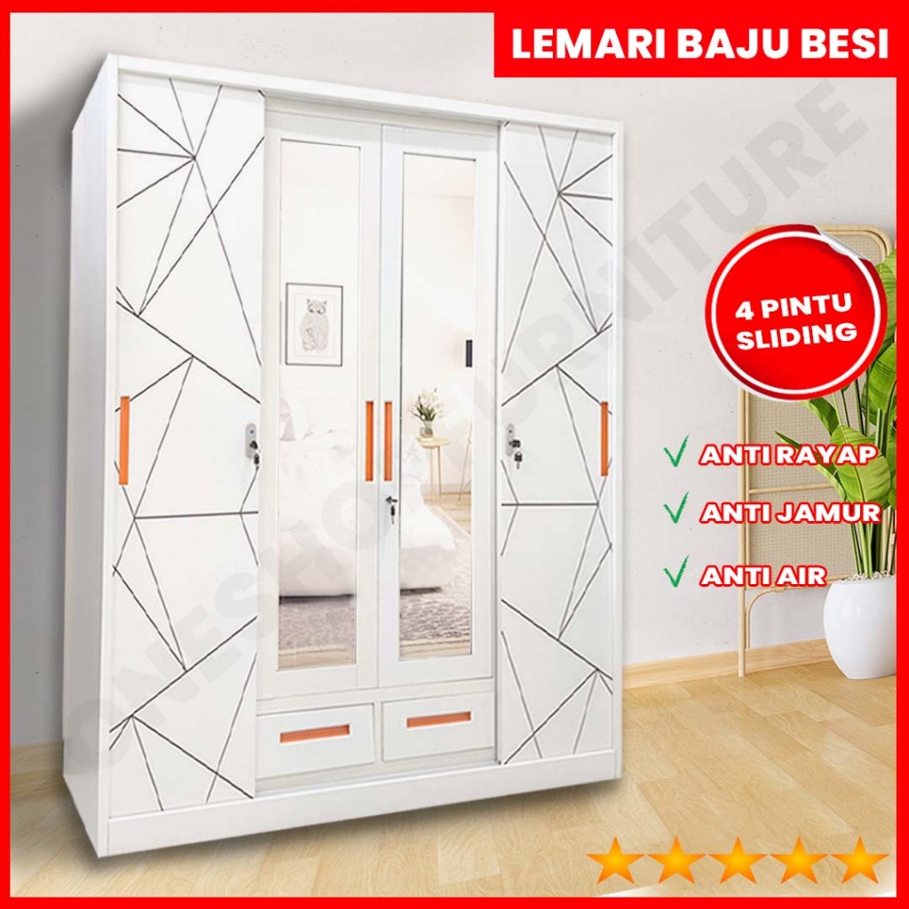 Lemari Baju Pakaian Besi 4 Pintu  Sliding Jumbo