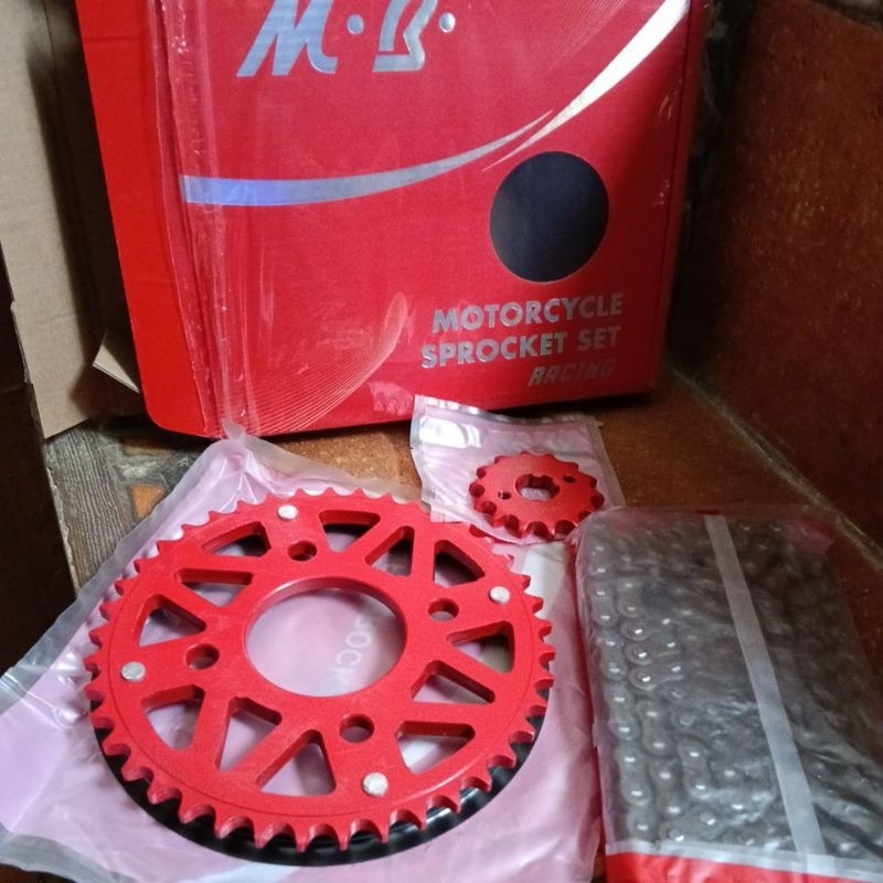 Gear Gir Belakang Depan SET Rantai M.B Merah Racing 14T 41T 428H 124L VERZA 150 MEGA PRO MEGAPRO NEW