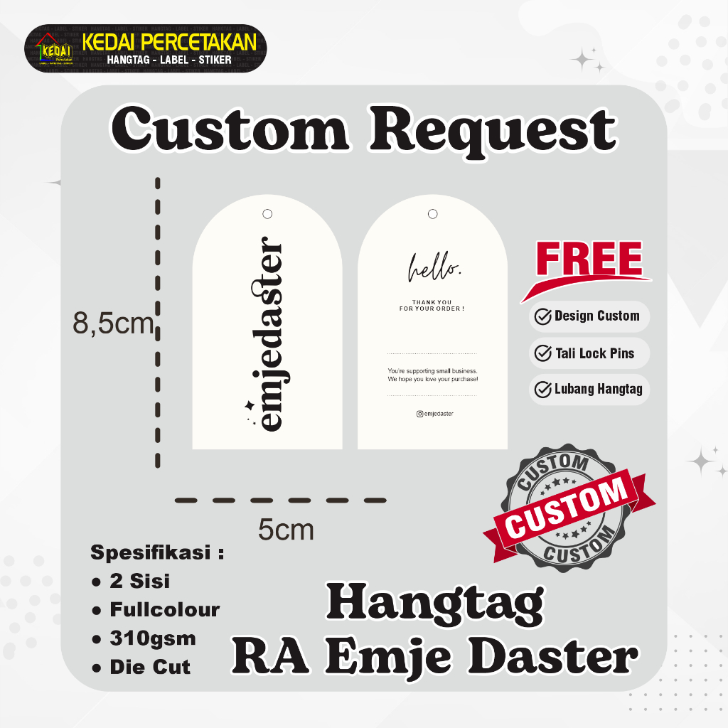 

HANGTAG EMJE DASTER hantag aksesoris handtag Souvenir hangtag Custom hentek thank you handstag hangteg merk price tag label baju lebel merek bonus tali (HTED) 2 Sisi