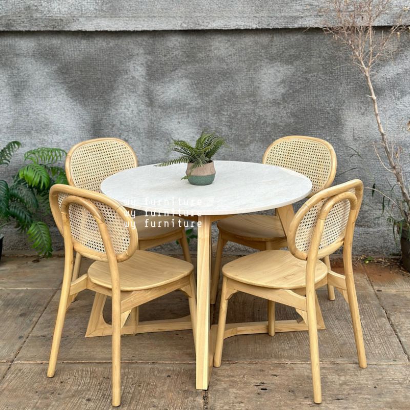 Meja Makan bulat top marmer set 4 kursi rotan scandinavian jati, meja makan murah minimalis kayu jat