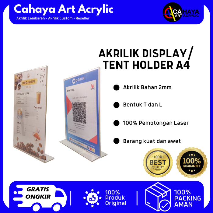 

AKRILIK DISPLAY/TENT CARD HOLDER /QRIS BARCODE /DISPLAY MENU RESTORAN UKURAN A4 BENTUK T DAN L