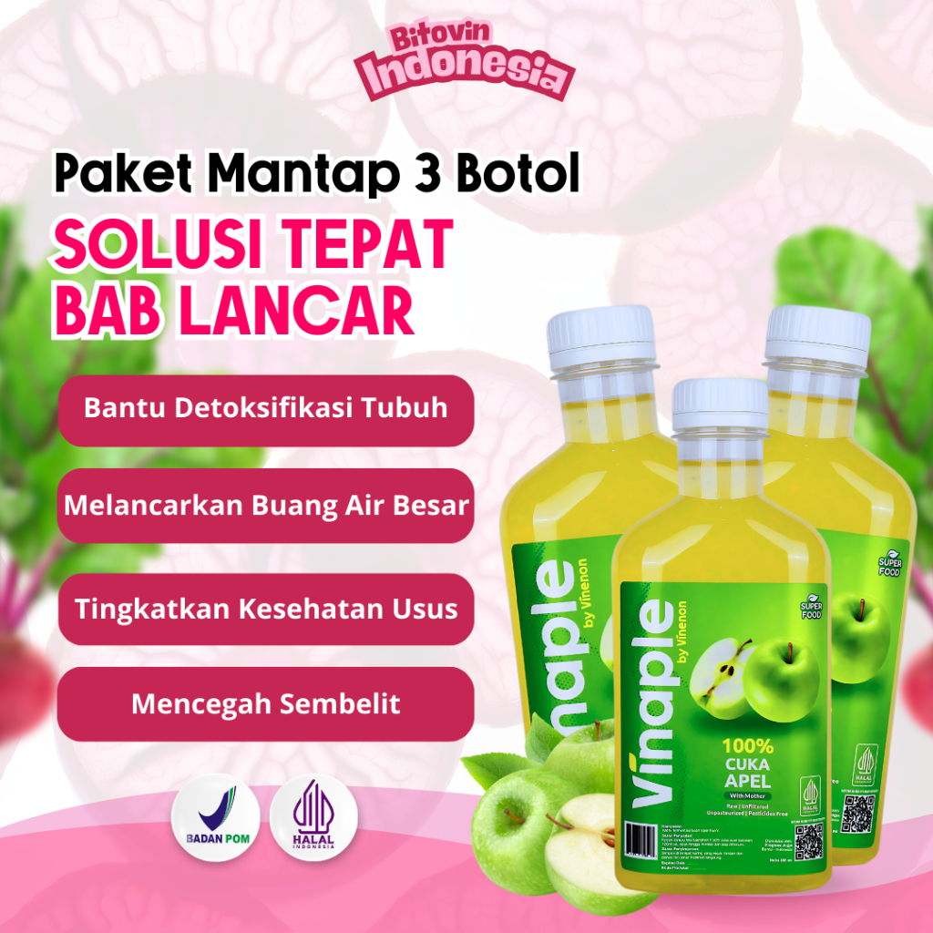 

Vinaple 3 Botol - Cuka Buah Apel Segar with Mother 300ML - Bantu Masalah Pencernaan & Kesehatan Usus