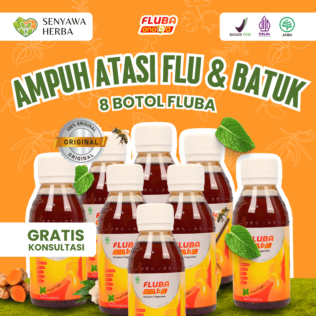 Paket 8 Botol FLUBA ANABA Madu Obat Herbal Atasi Masalah Flu & Batuk Anak, Dewasa dan Ibu Menyusui