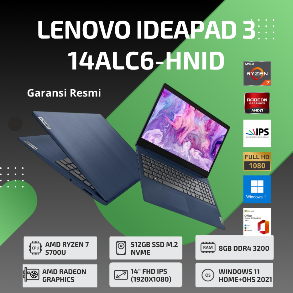 Lenovo Gaming Ideapad 3 14ALC6-HNID / AMD Ryzen 7 5700U / RAM 8GB / SSD 512GB / 14" FHD IPS / Garans