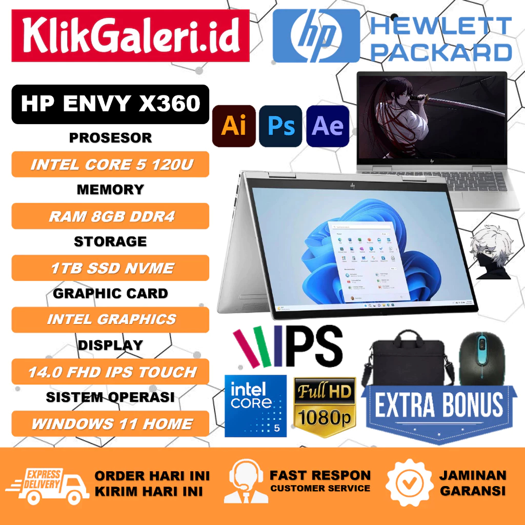 Laptop HP Envy X360 14 Touchscreen Intel Core 5 120U 1TB SSD FHD IPS Backlit Fingerprint Original