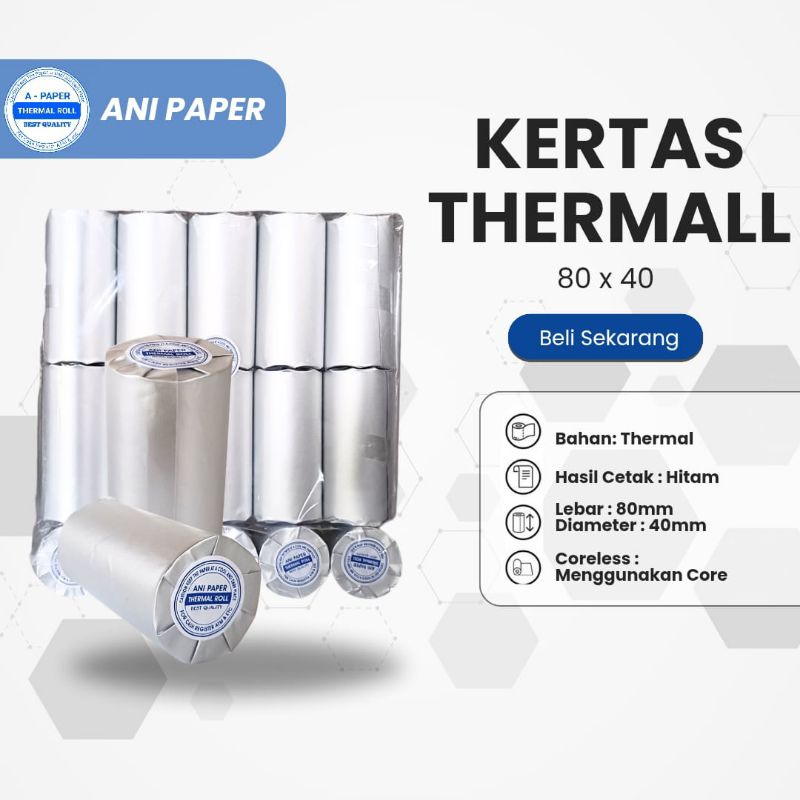 

Kertas Thermal 80mmx40mm/80mmx38 isi 10roll