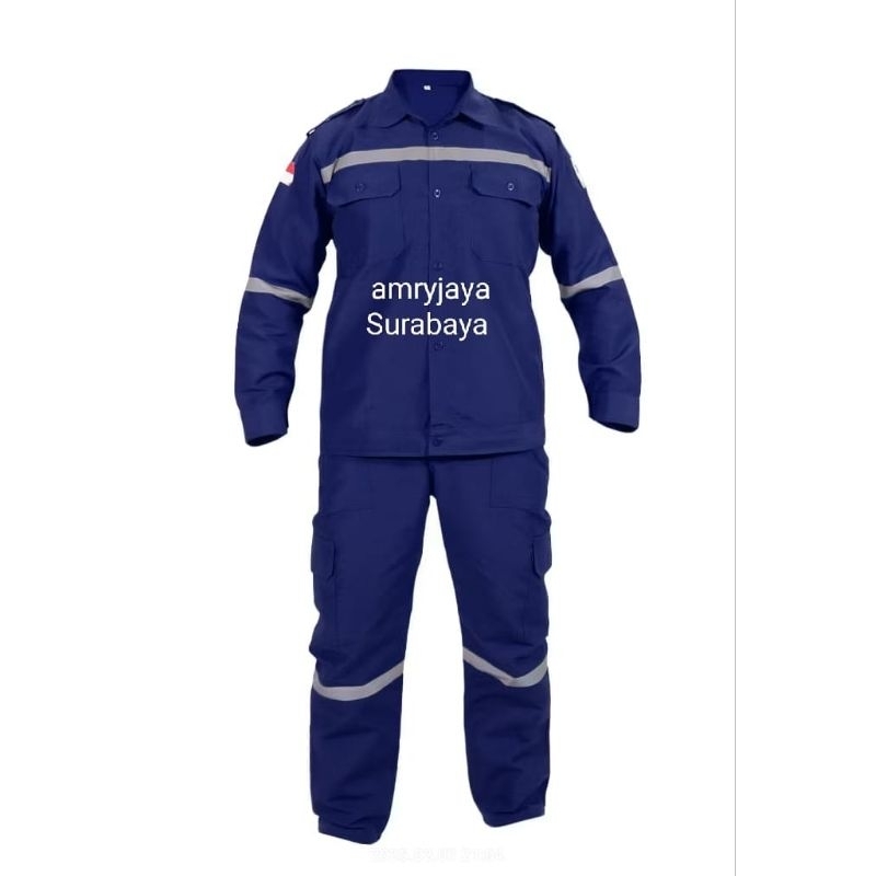 WEARPACK SAFETY SETELAN ATASAN  WARNA BIRU DONKER / BIRU NAVY BAWAHAN CELANA WARNA BIRU DONGKER / BI