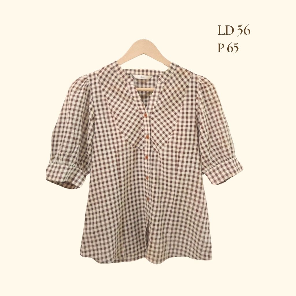 Kemeja/Blouse Kotak-kotak Lengan Pendek Balon Roem