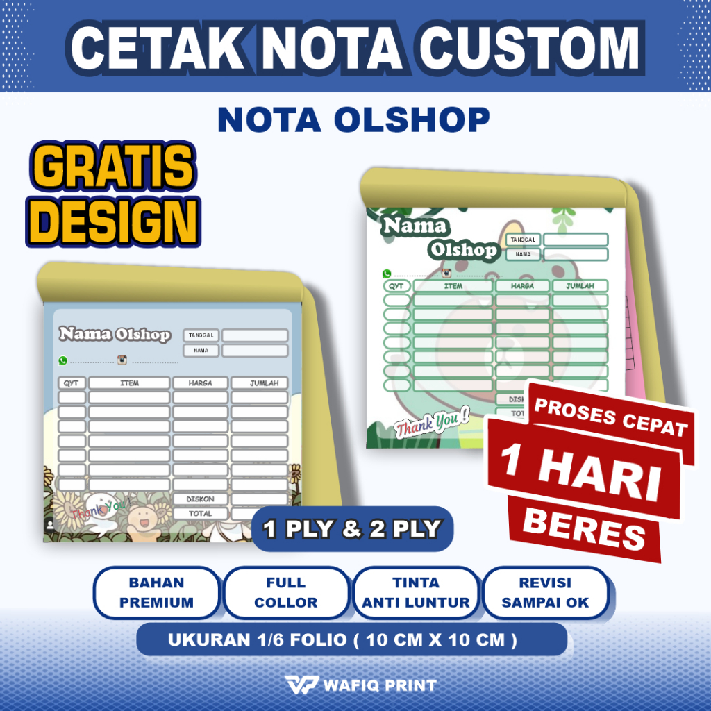 

Nota toko custom olshop full color ukuran 1/6 folio gratis design 1ply/2py buku kwitansi premium v4