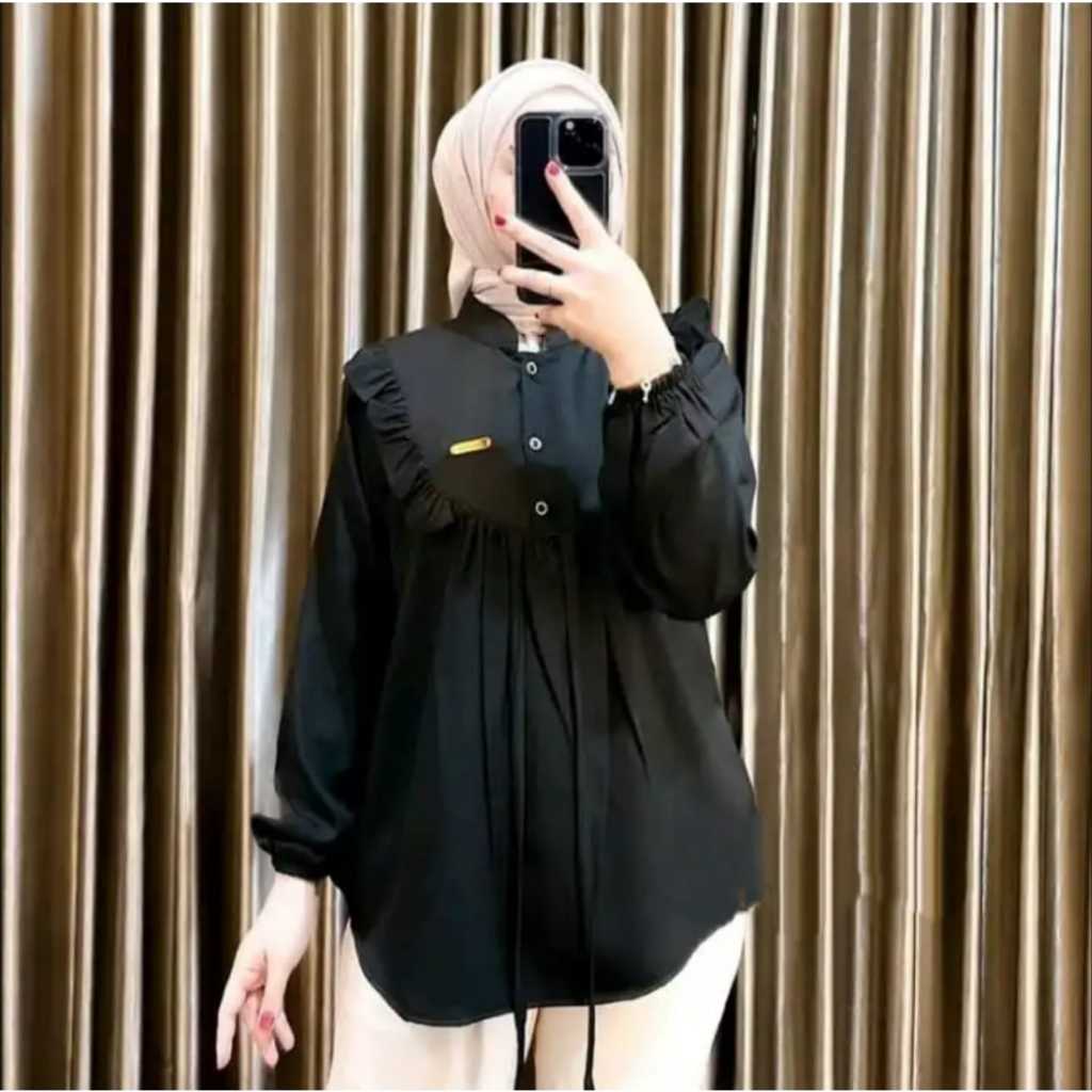 atasan rena atasan wanita kekinian Blus Hitam Wanita Lengan Panjang