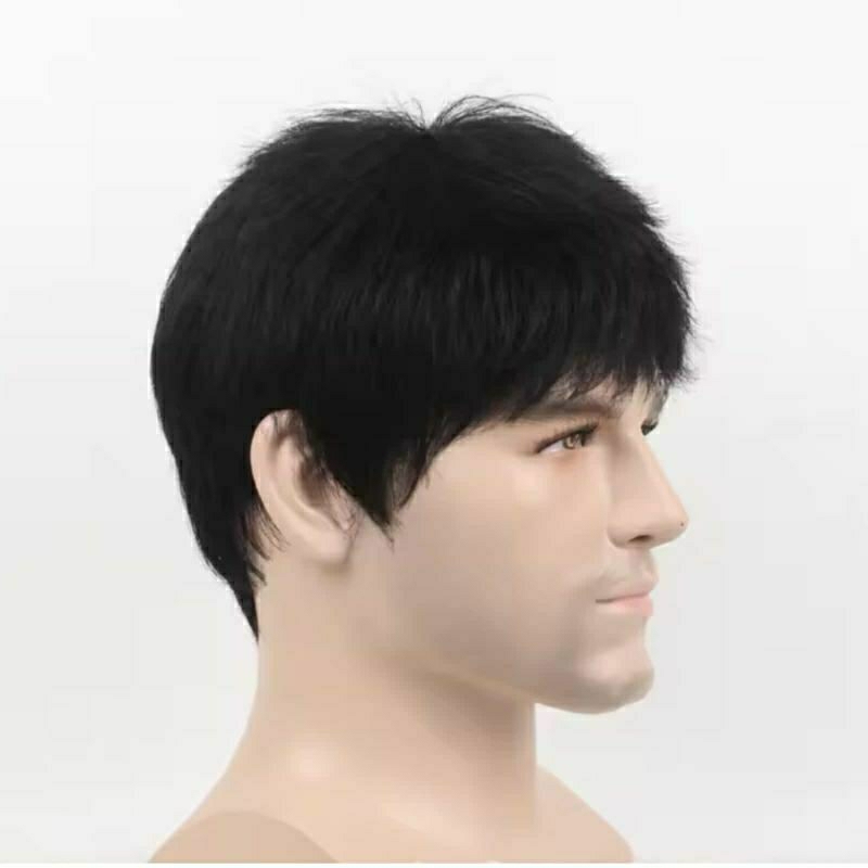 Wig Pria Eropa Rambut Pendek Warna Hitam Full Wig Rambut Palsu Pria Rambut Pendek Poni Pendek