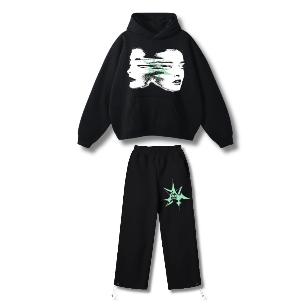 STREES One Set Boxy & Sweatpants Baggy Facestar Setelan Berbahan Kain Fleece Lembut Adem Size M-XXL