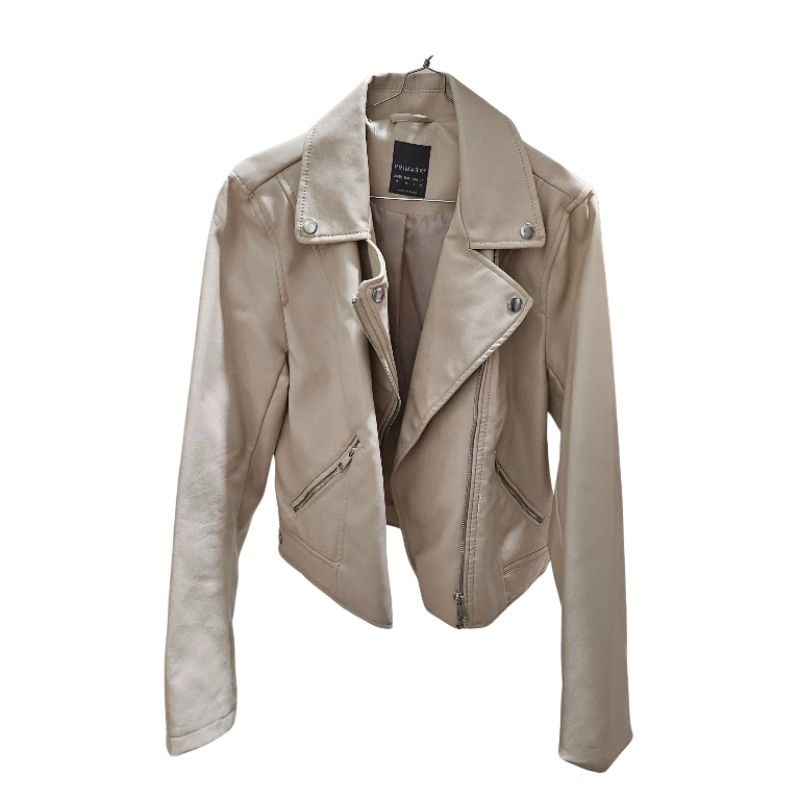 Jaket Wanita Jaket Rider Jaket Korea Jaket Kulit Wanita Preloved warna Putih Gading-Beige