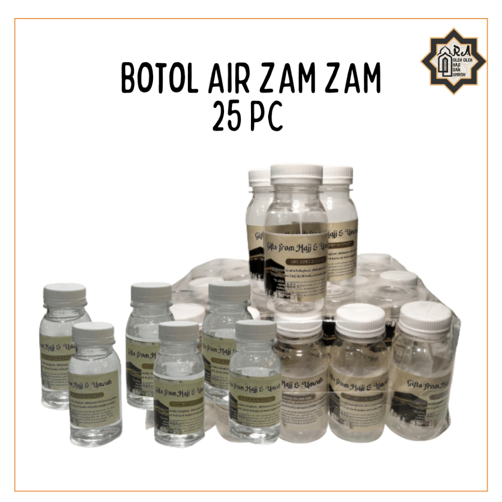 

Botoll Kosong ukuran 80 ML berlaber / 1 pack isi 25 / Plastik PET / Botol Oleh-Oleh Umroh dan Haji