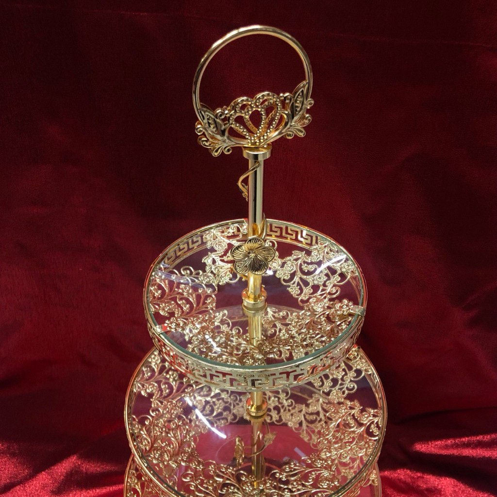 Tempat Kue Susun 3 Hiasan Kaca Bulat 322-3 / 3 Cake Tier Stand / Stand Kue Emas Arab Lebaran Sultan