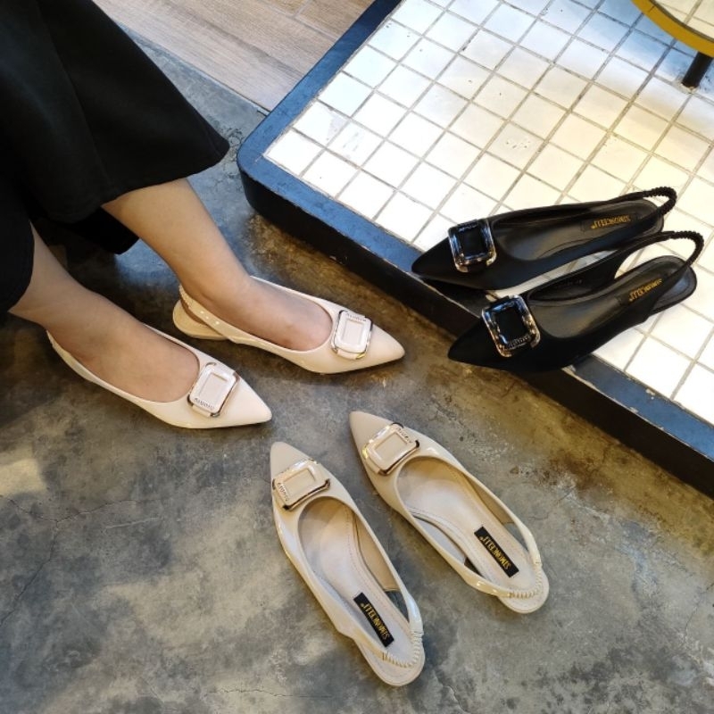 Simoncelli Sepatu Flat Tali Belakang Wanita | Mutiara | Sepatu Korea | Sepatu Wanita | Sepatu Hitam 