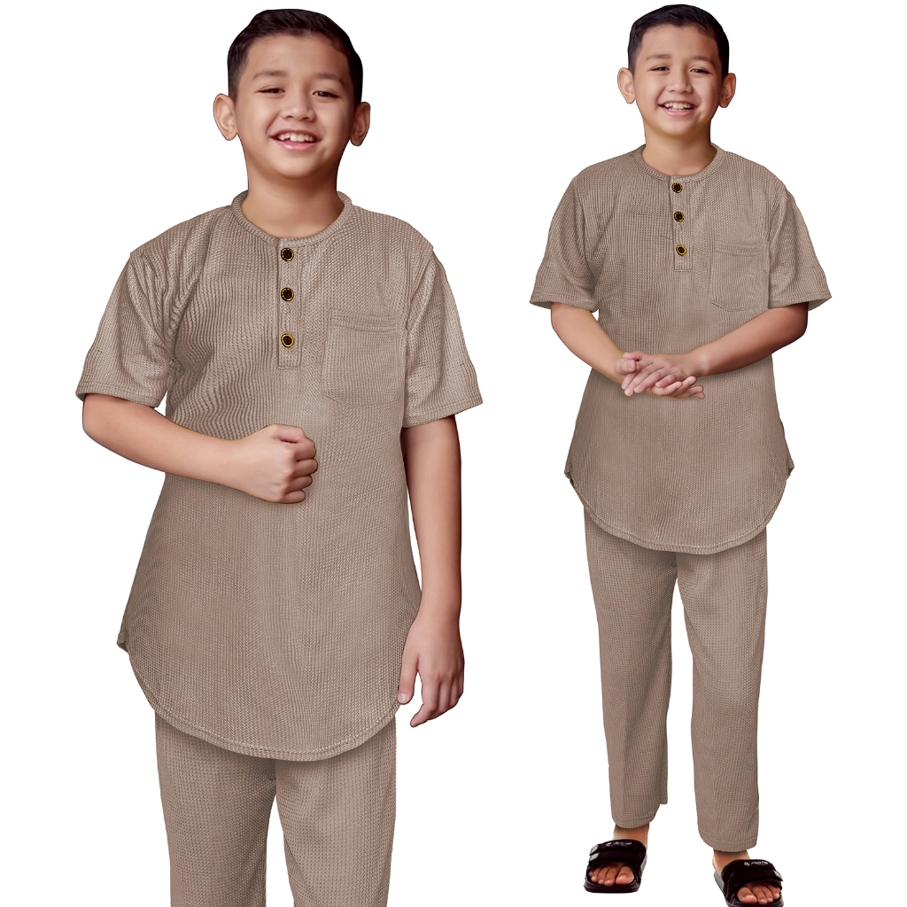 Setelan Koko Anak Bahan Waffle uniqlo Baju Lebaran Lengan Pendek Anak-Anak 1-10 Tahun