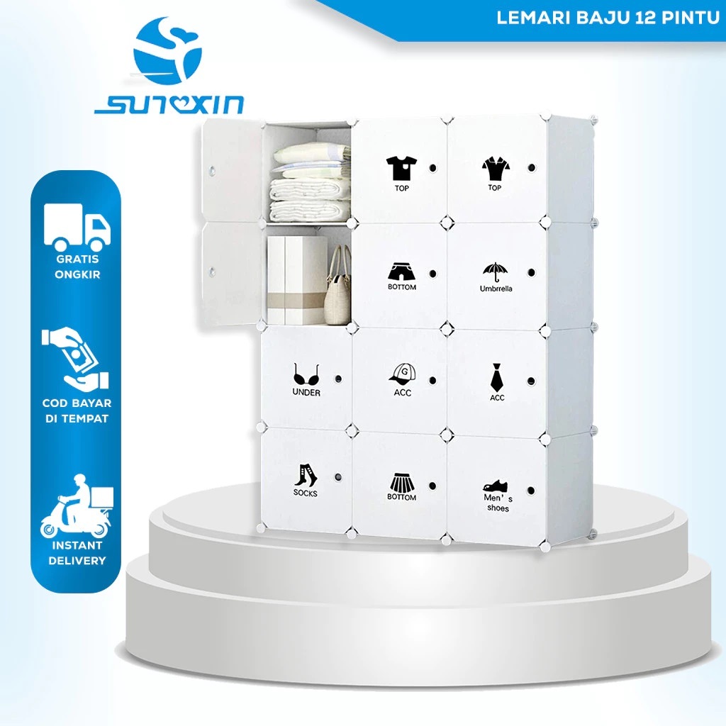 emari portable 12 pintu Sunxin - Lemari Penyimpanan Baju Portabel Bongkar Pasang 8 Atau 12 Pintu/Lem