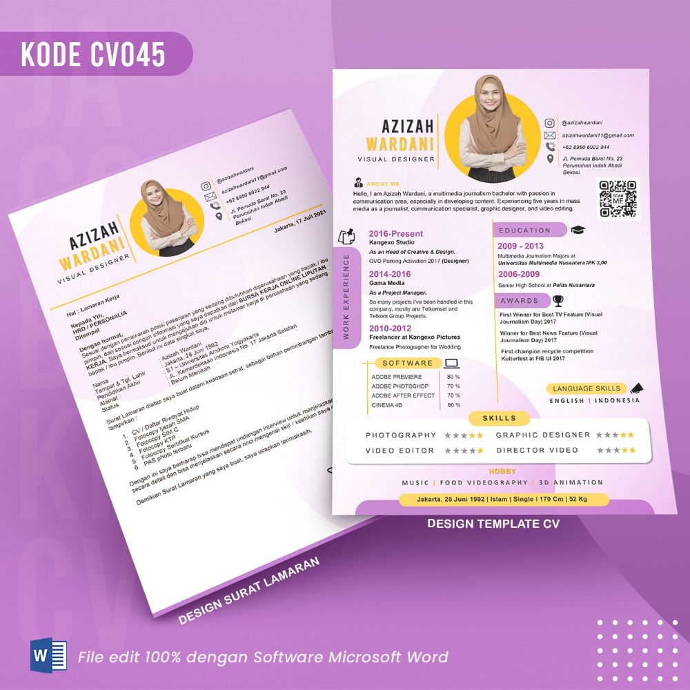 Template CV Siap Edit 100% dengan Ms.Word - JagoBikinCV Kode 045