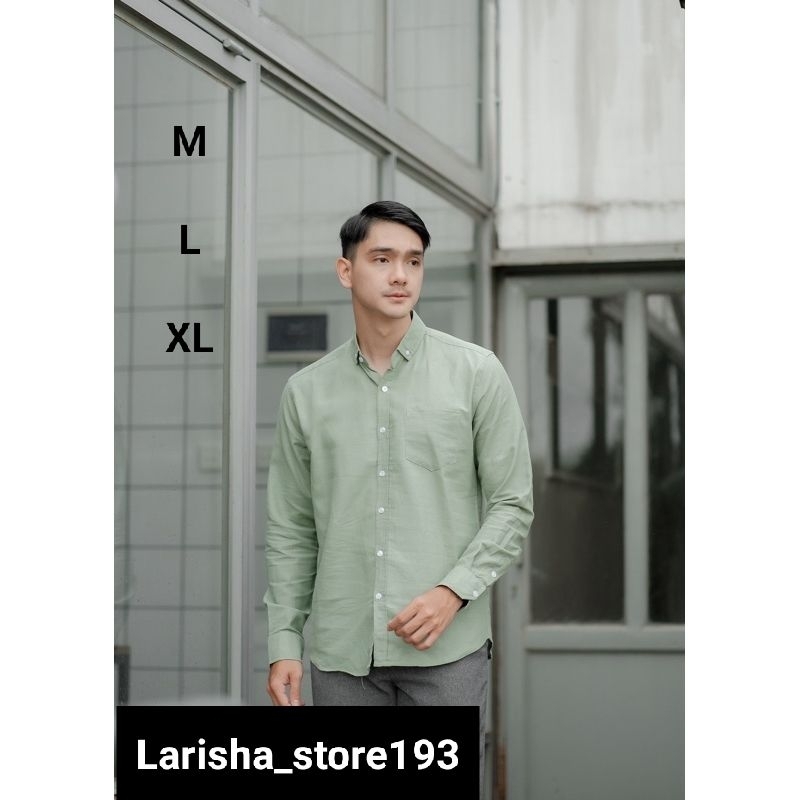 kemeja pria polos lengan panjang Sage green slimfit kemeja cowok lengan panjang warna hijau mint Sag