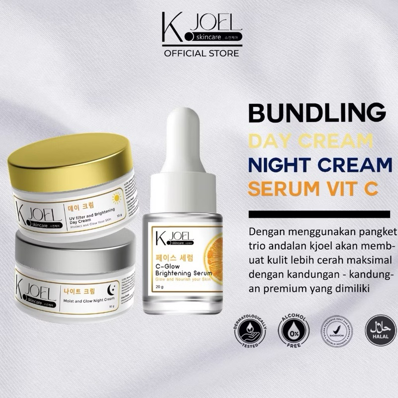 [SIAP KIRIM] KJOEL Paket Bundling Brightening Day Cream + Moist & Glow Night Cream + Serum Vit C  - 