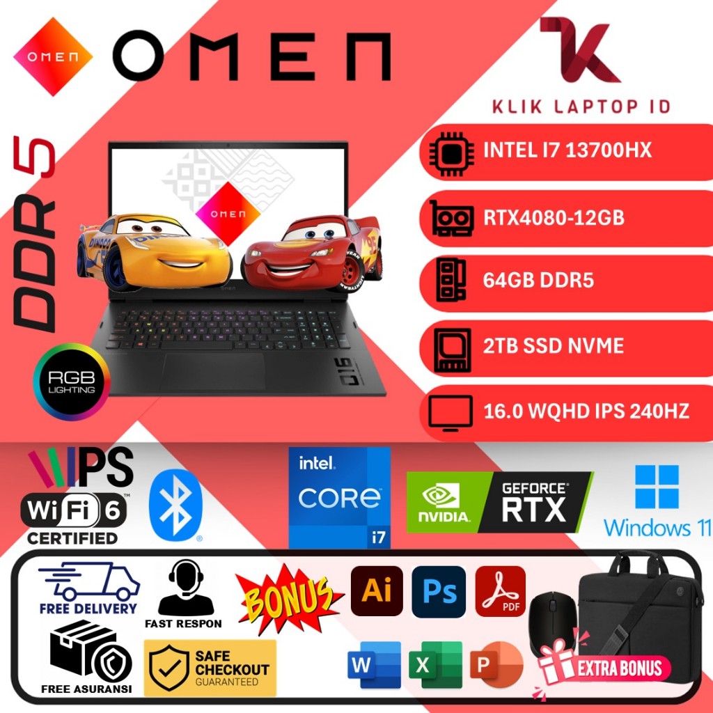 Laptop Gaming HP OMEN 16 Intel I7 13700HX 64GB 2TB RTX4080-12GB 16 inch WQHD 240HZ RGB Win11Home