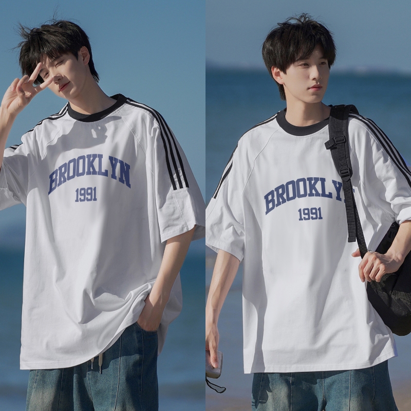 PUERTO Kaos Pria Distro Original 100% BROOKLYN 1991 Cetak  Baju Oversize Bergaris Bahu Pria Retro T-